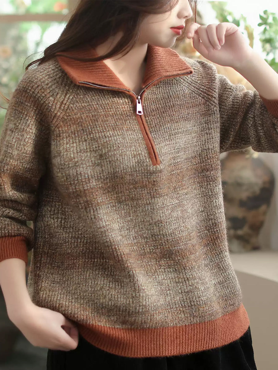 Women Autumn Casual Stripe Colorblock Stand Collar Sweater