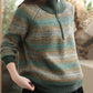 Women Autumn Casual Stripe Colorblock Stand Collar Sweater