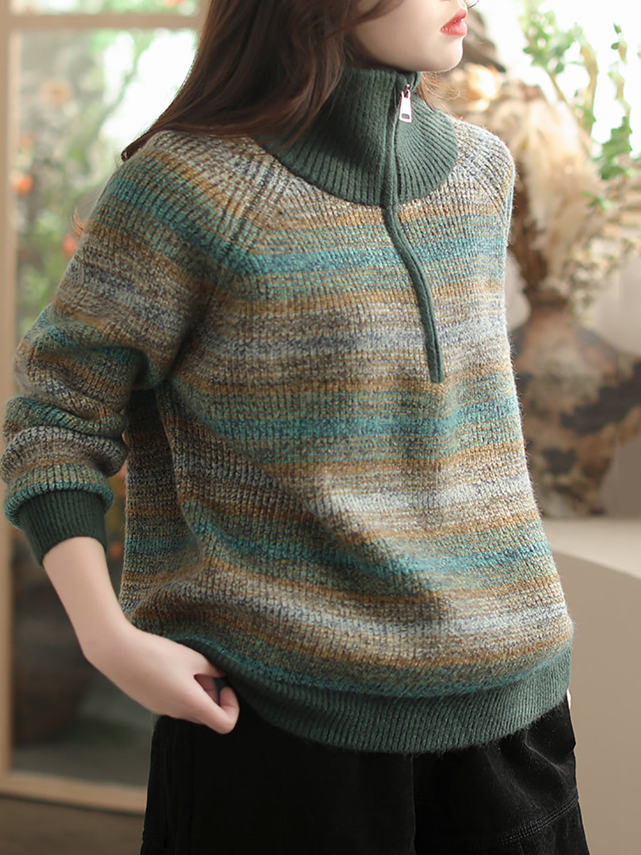 Women Autumn Casual Stripe Colorblock Stand Collar Sweater