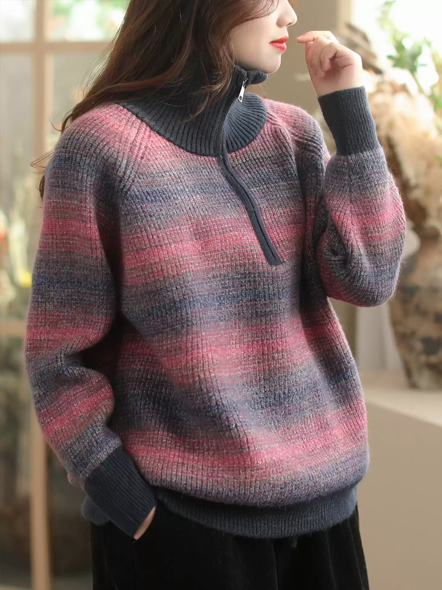 Women Autumn Casual Stripe Colorblock Stand Collar Sweater