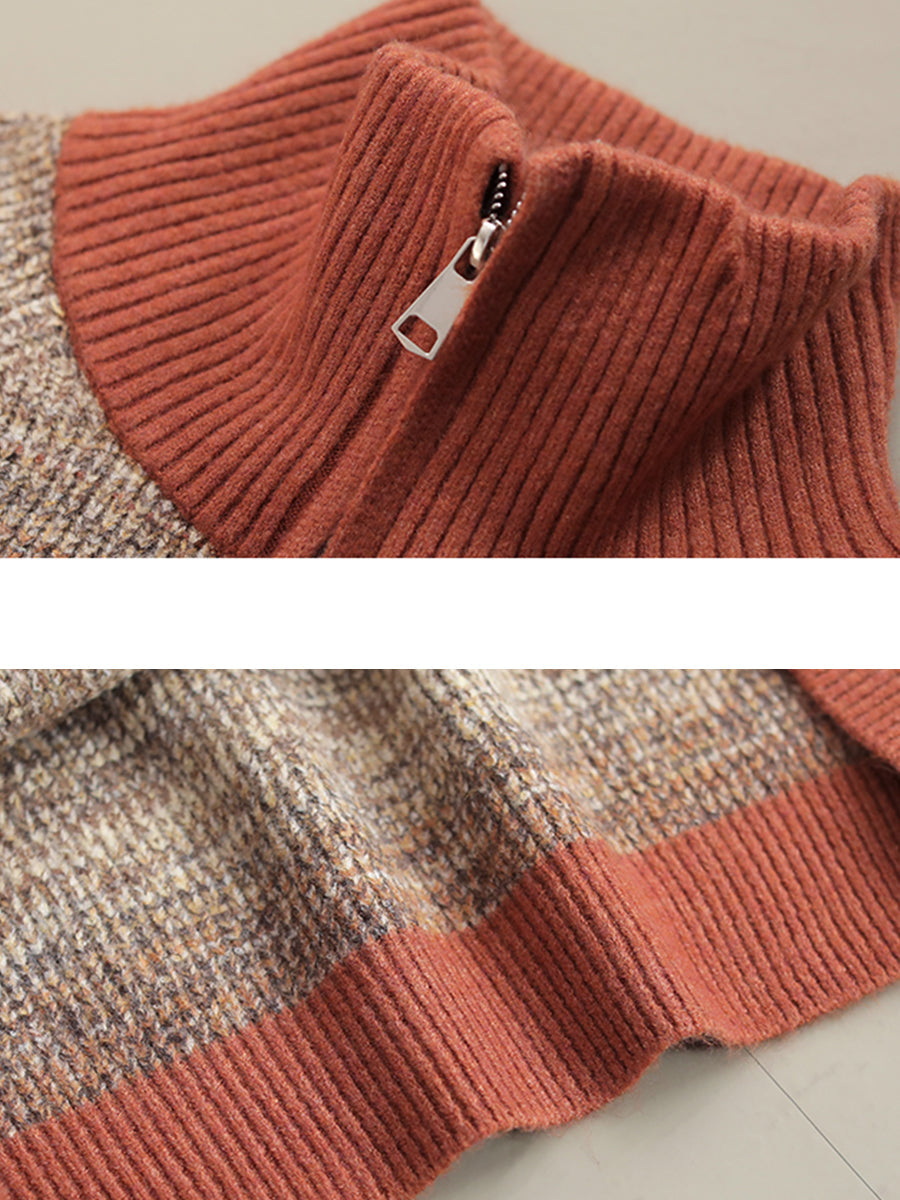 Women Autumn Casual Stripe Colorblock Stand Collar Sweater