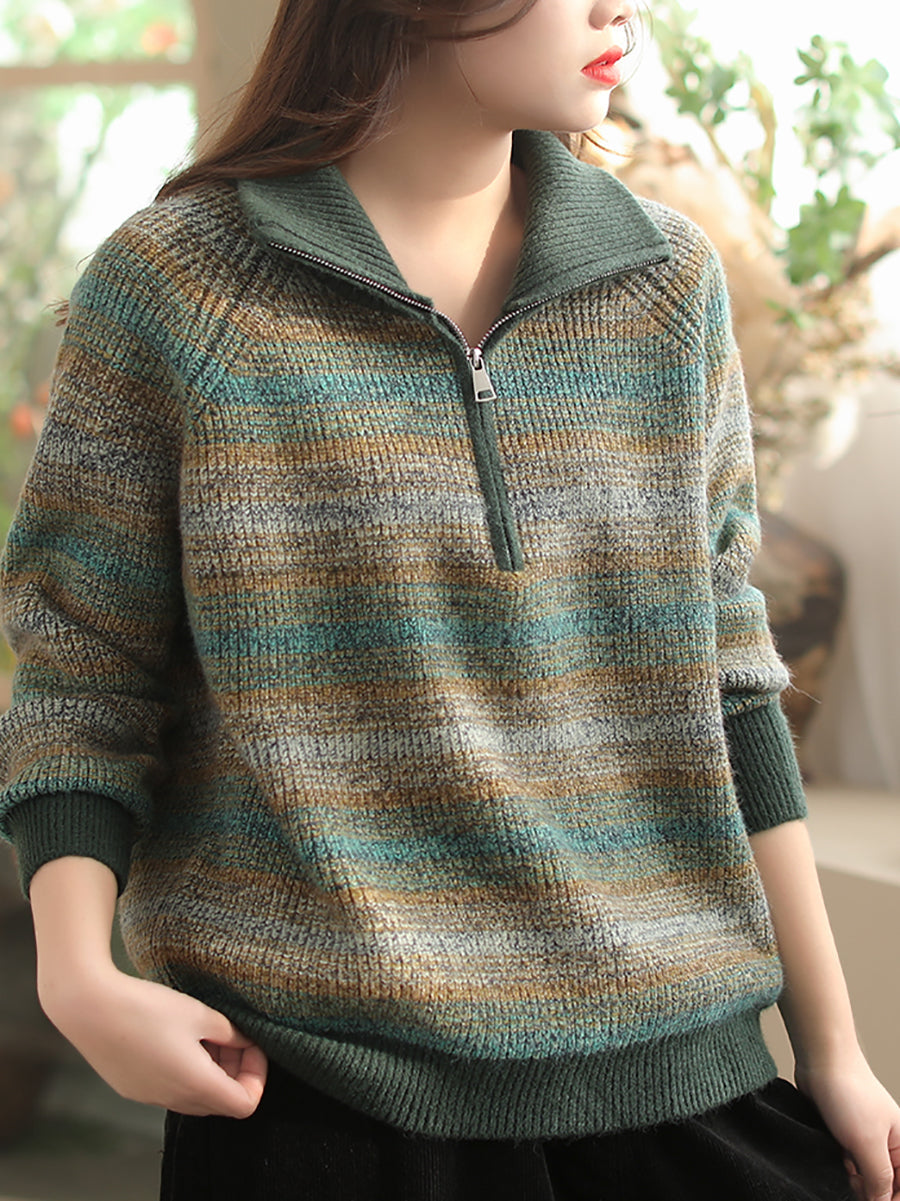 Women Autumn Casual Stripe Colorblock Stand Collar Sweater