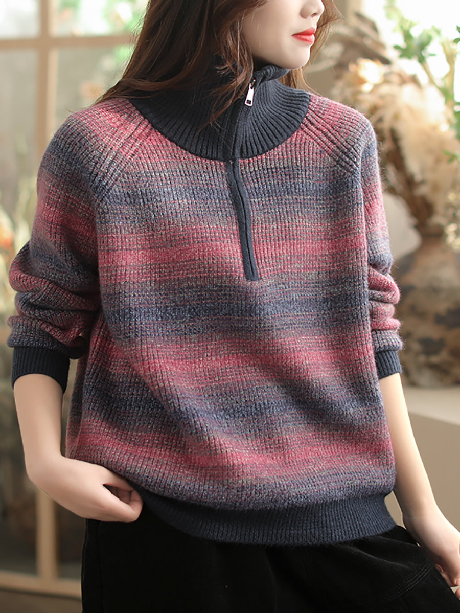 Women Autumn Casual Stripe Colorblock Stand Collar Sweater