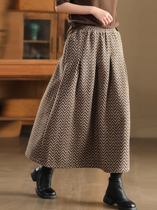 Women Autumn Vintage Stripe Jacquard Wool A-Shape Skirt