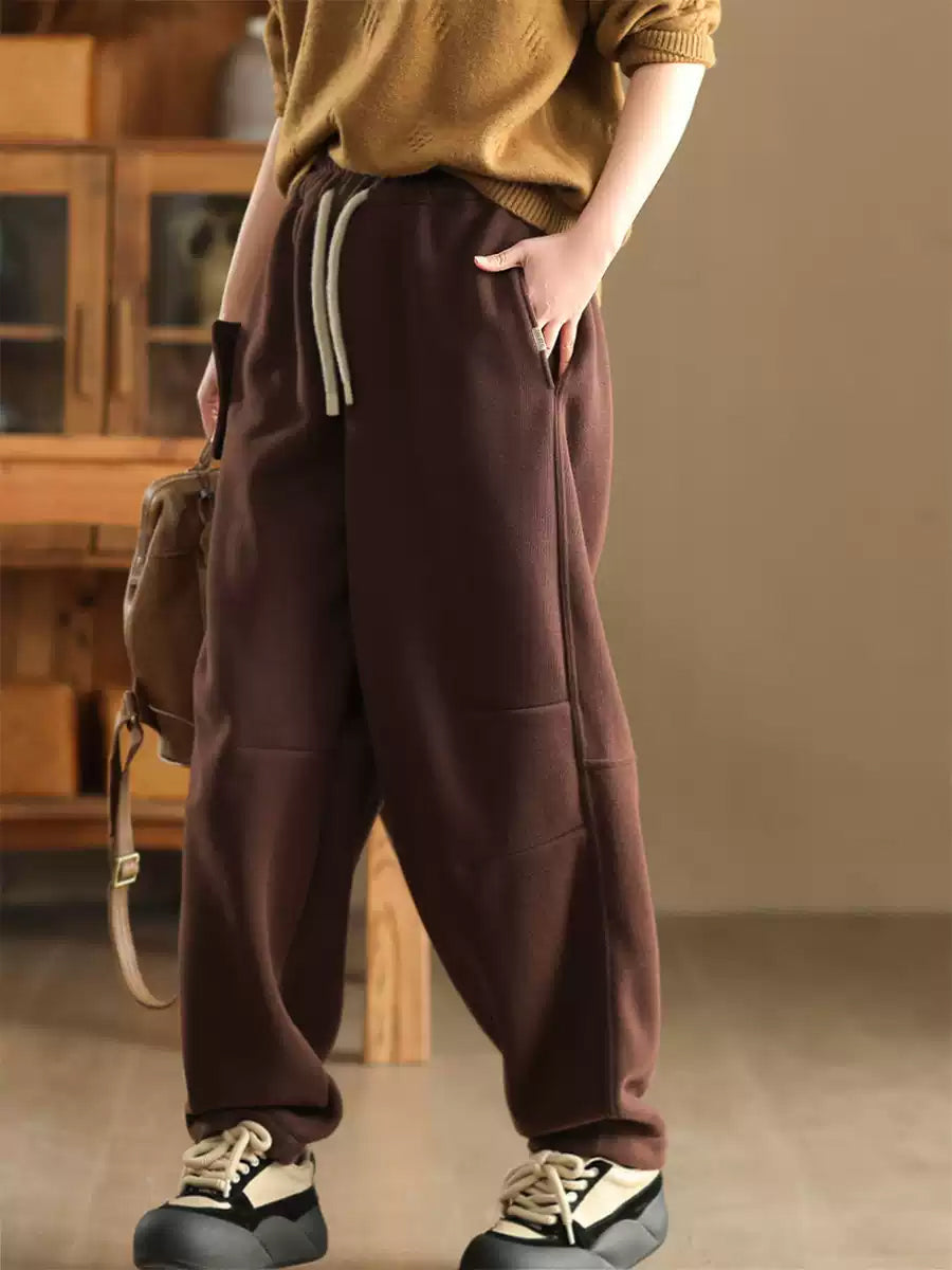 Women Winter Pure Color Fleece-lined Cotton Harem Pants