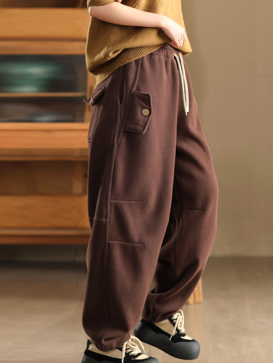 Women Winter Pure Color Fleece-lined Cotton Harem Pants