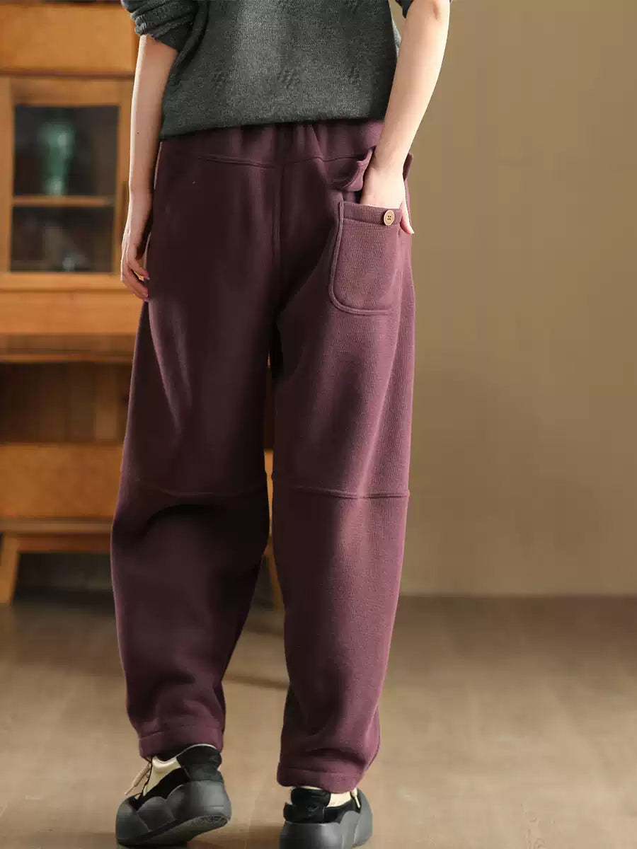 Women Winter Pure Color Fleece-lined Cotton Harem Pants