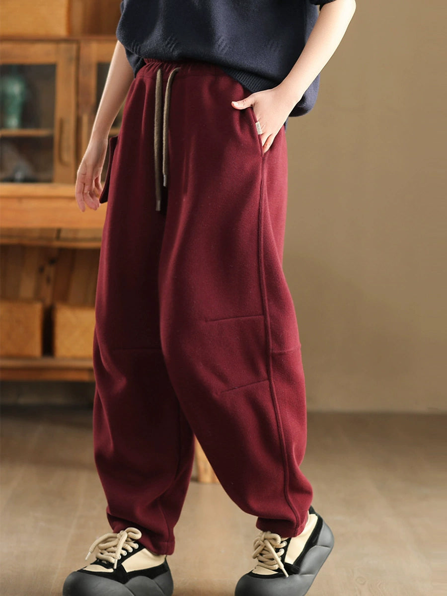 Women Winter Pure Color Fleece-lined Cotton Harem Pants