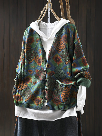 Women Autumn Vintage Flower Knit V-Neck Sweater