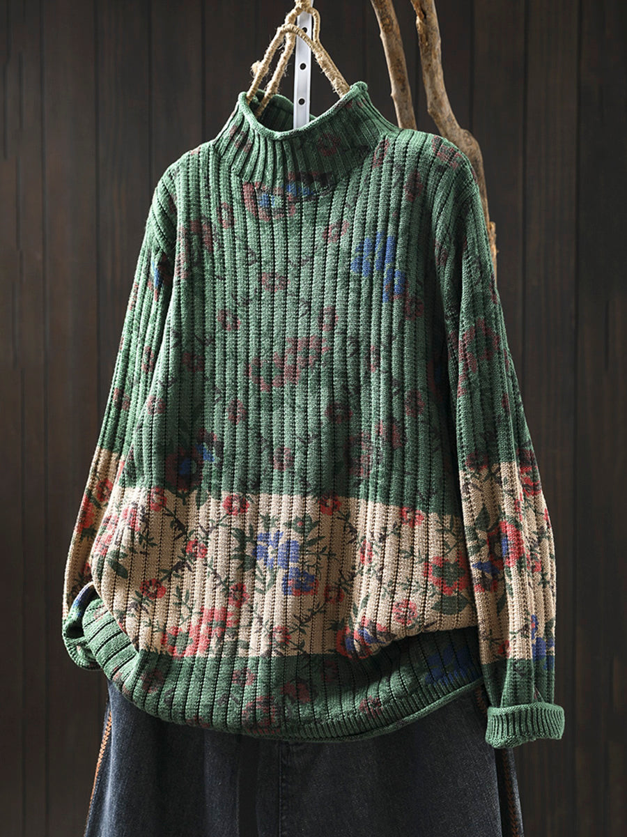 Women Autumn Artsy Floral Colorblock Half-Turtleneck Sweater