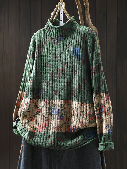 Women Autumn Artsy Floral Colorblock Half-Turtleneck Sweater