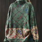 Women Autumn Artsy Floral Colorblock Half-Turtleneck Sweater