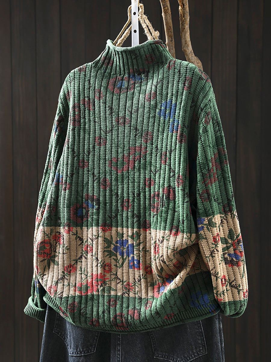 Women Autumn Artsy Floral Colorblock Half-Turtleneck Sweater