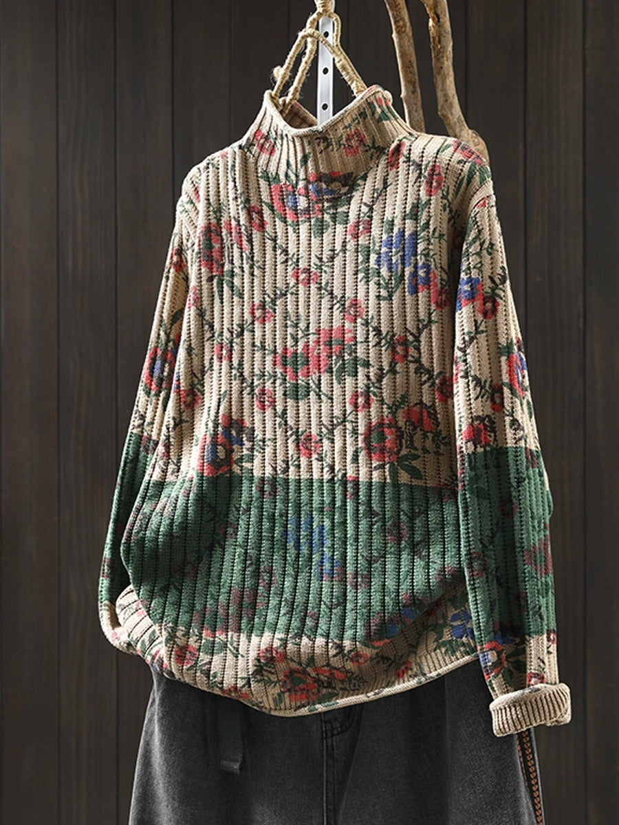 Women Autumn Artsy Floral Colorblock Half-Turtleneck Sweater