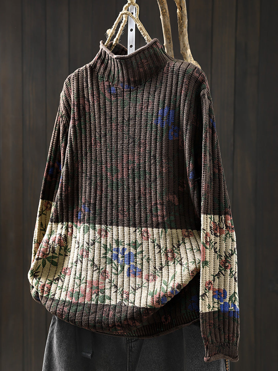 Women Autumn Artsy Floral Colorblock Half-Turtleneck Sweater