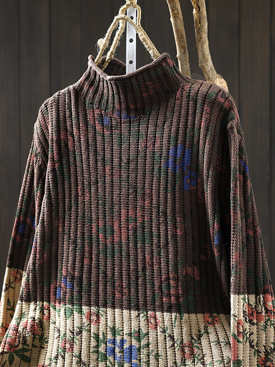 Women Autumn Artsy Floral Colorblock Half-Turtleneck Sweater