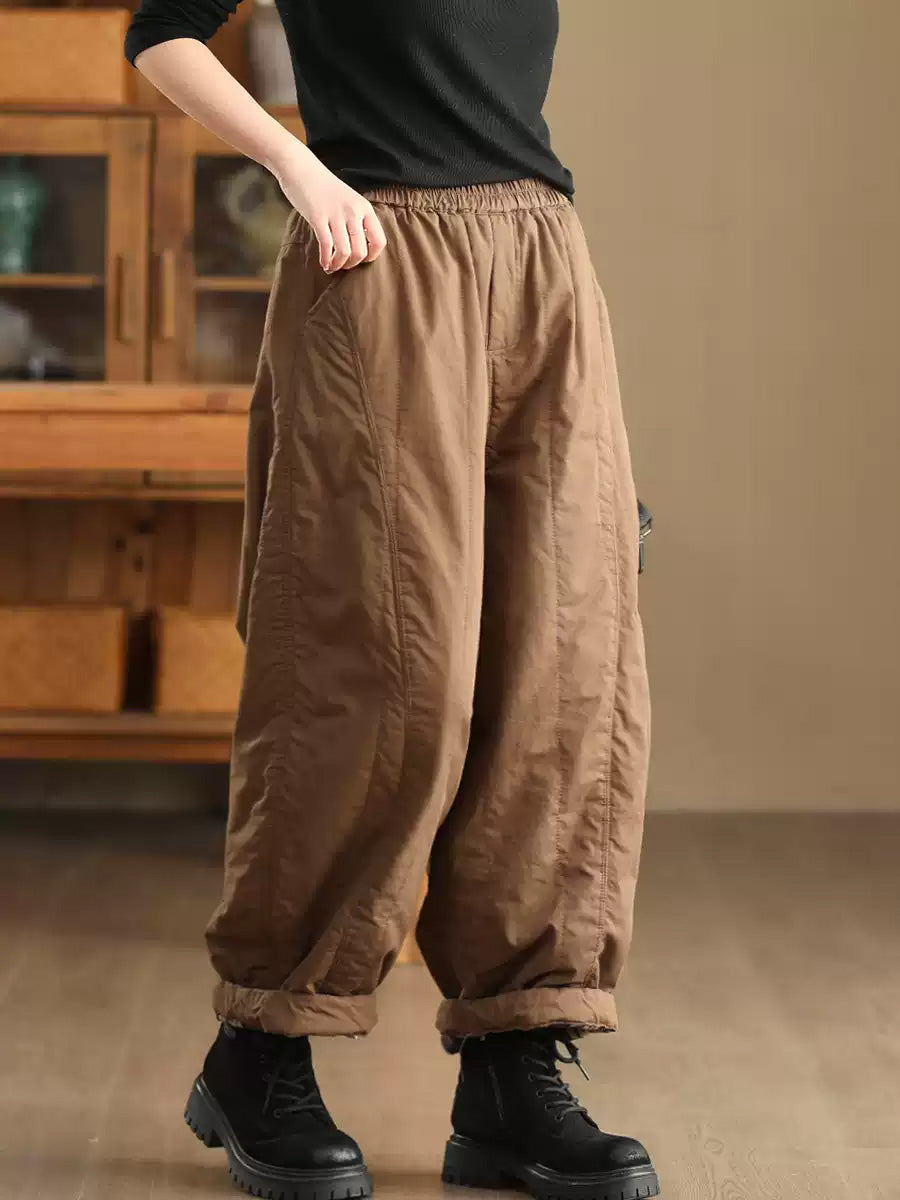 Women Winter Retro Solid Padded Harem Pants