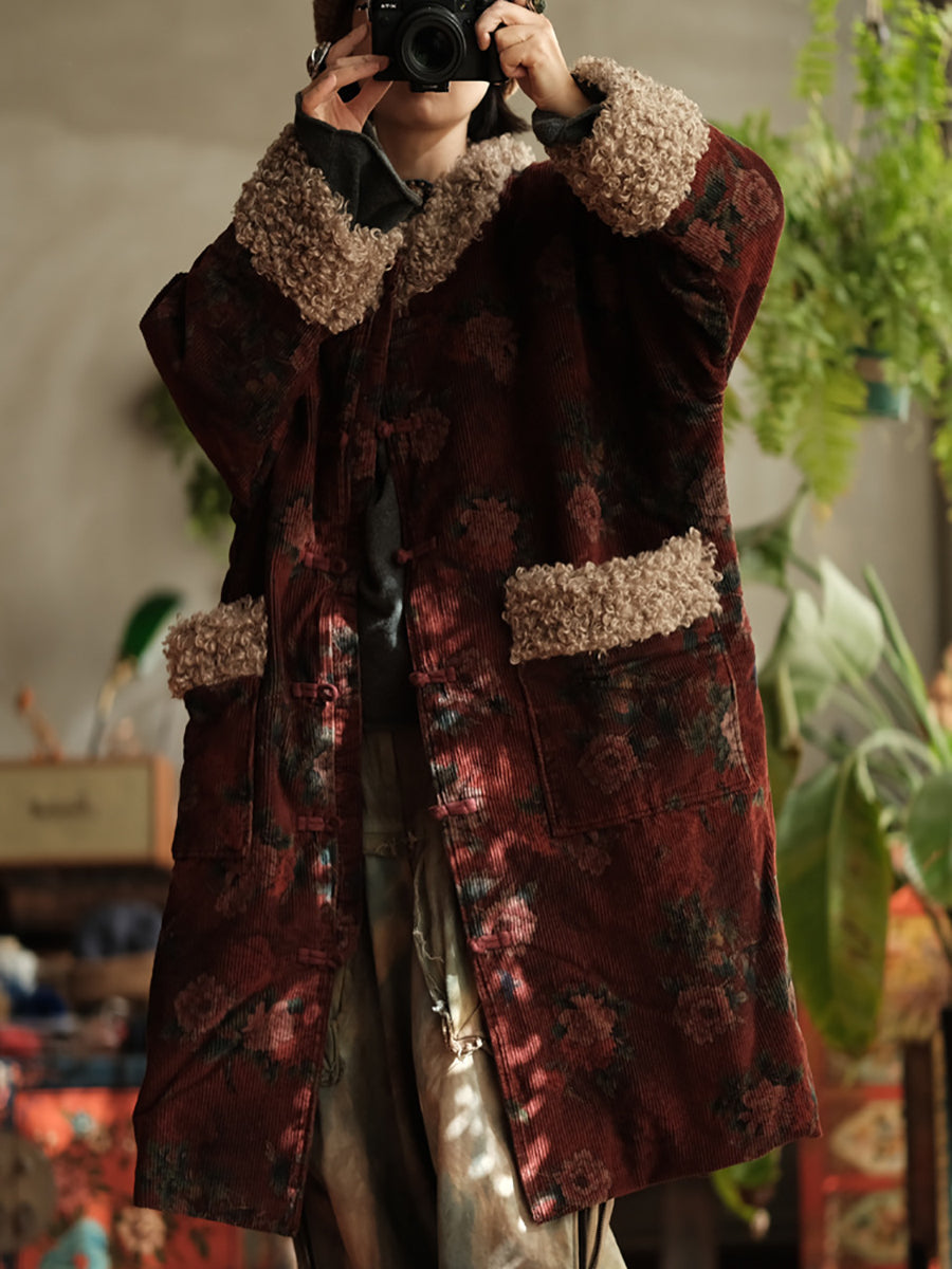 Women Winter Retro Flower Croduroy Fleece Spliced O-Neck Coat