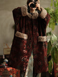 Women Winter Retro Flower Croduroy Fleece Spliced O-Neck Coat