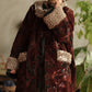 Women Winter Retro Flower Croduroy Fleece Spliced O-Neck Coat