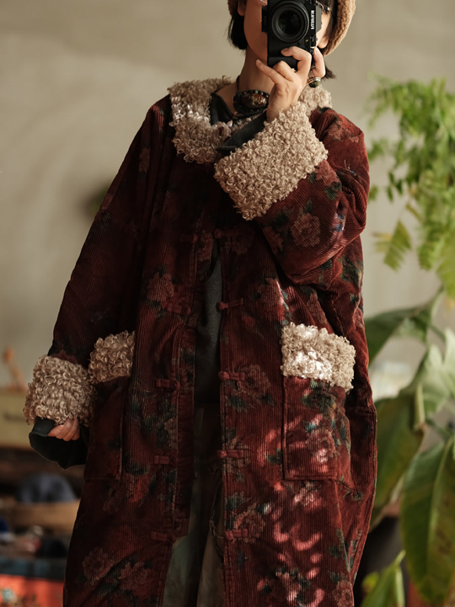 Women Winter Retro Flower Croduroy Fleece Spliced O-Neck Coat