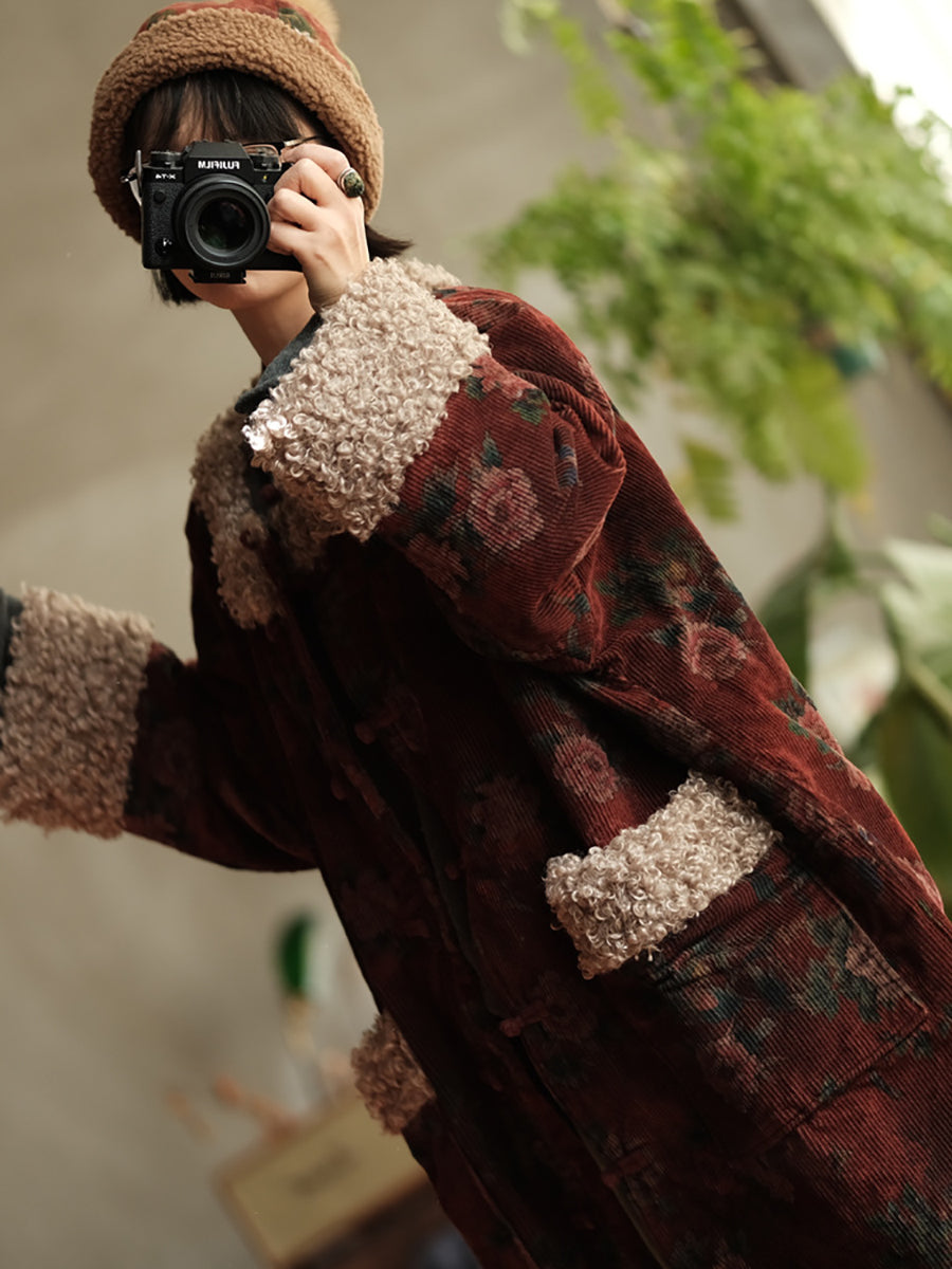 Women Winter Retro Flower Croduroy Fleece Spliced O-Neck Coat