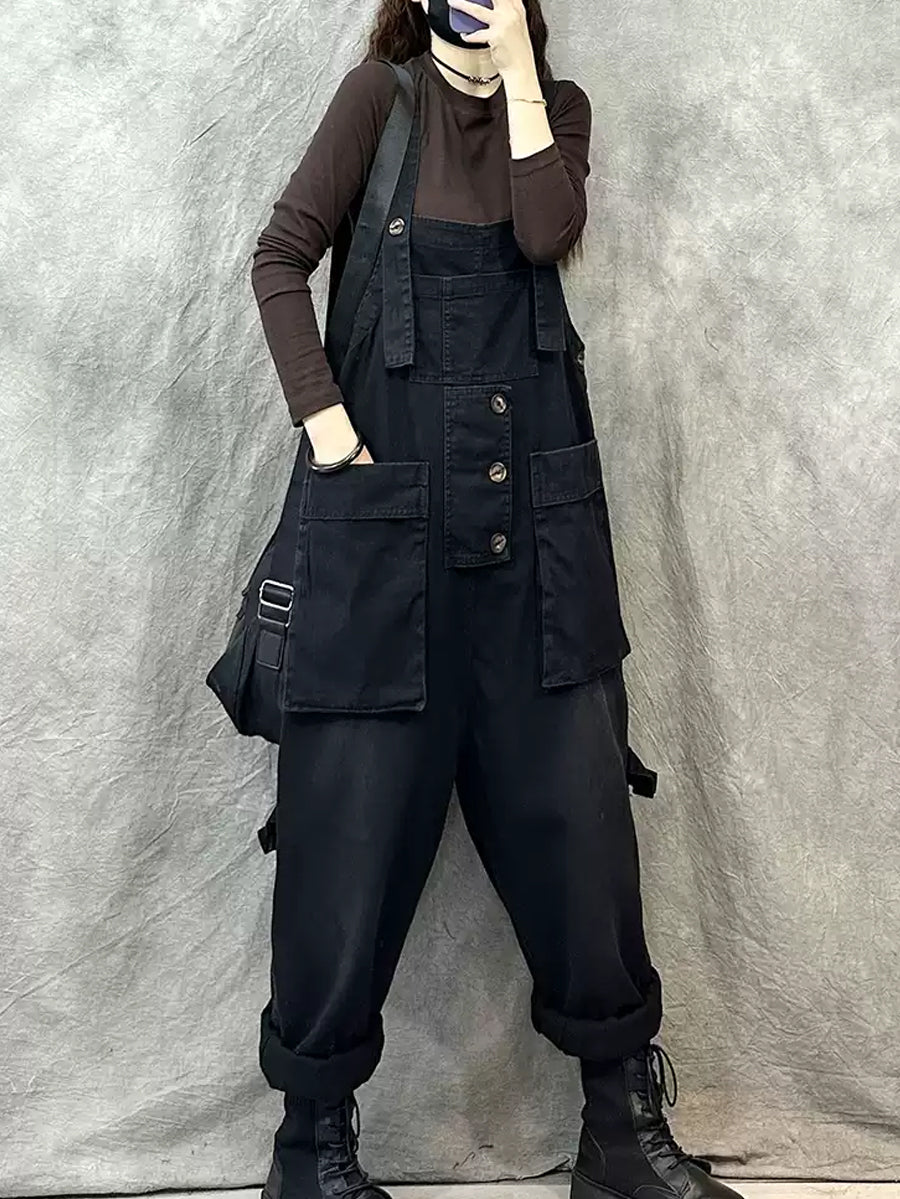 Women Vintage Solid Cotton Pocket Loose Jumpsuits