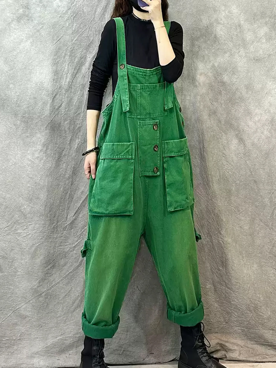 Women Vintage Solid Cotton Pocket Loose Jumpsuits