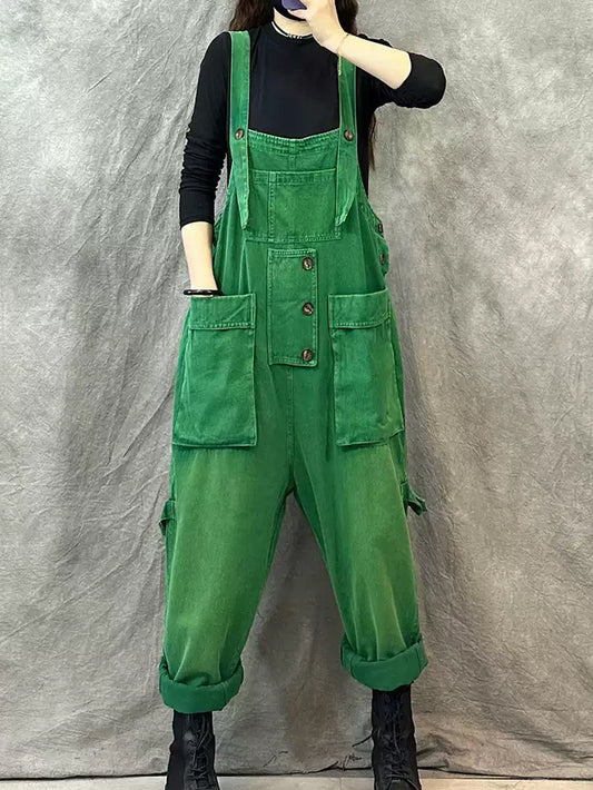 Women Vintage Solid Cotton Pocket Loose Jumpsuits