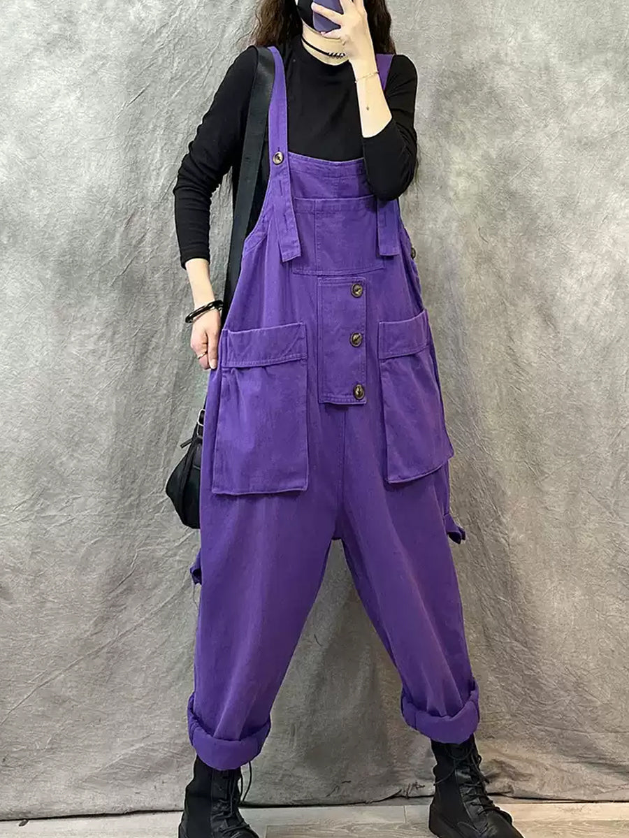 Women Vintage Solid Cotton Pocket Loose Jumpsuits