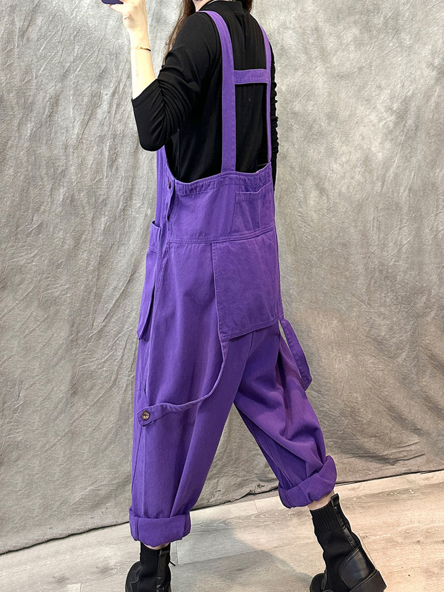 Women Vintage Solid Cotton Pocket Loose Jumpsuits