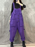 Women Vintage Solid Cotton Pocket Loose Jumpsuits