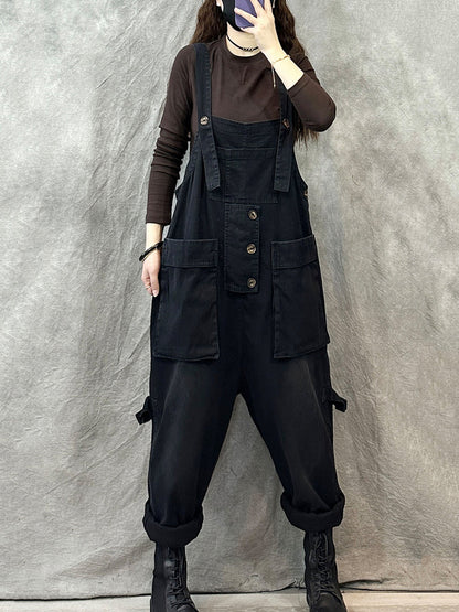 Women Vintage Solid Cotton Pocket Loose Jumpsuits