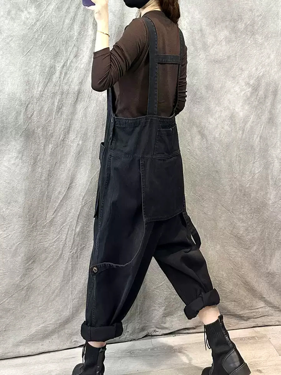 Women Vintage Solid Cotton Pocket Loose Jumpsuits