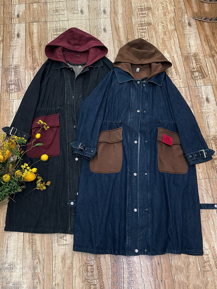 Women Autumn Retro Colorblock Hooded Denim Coat