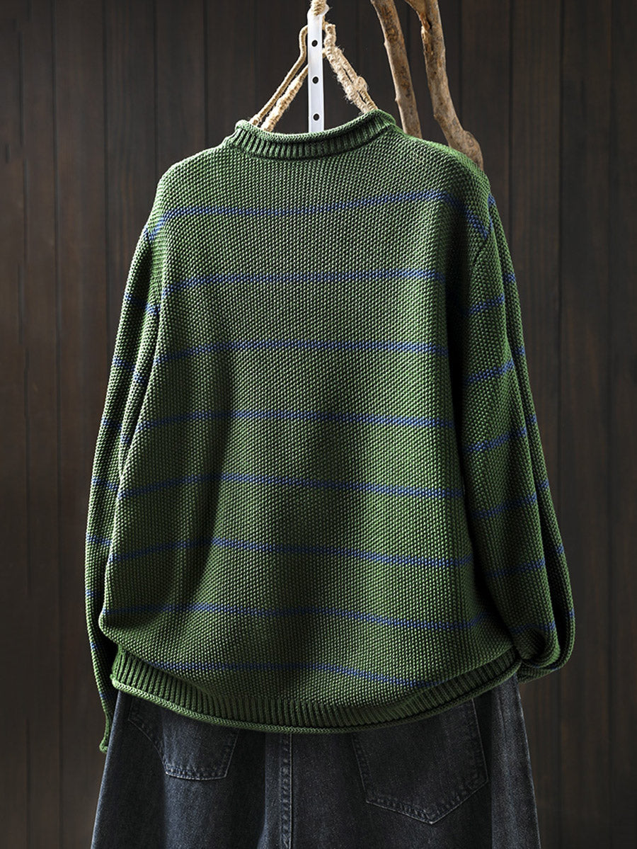 Women Autumn Artsy Stripe Pumpkin O-Neck Knit Sweater