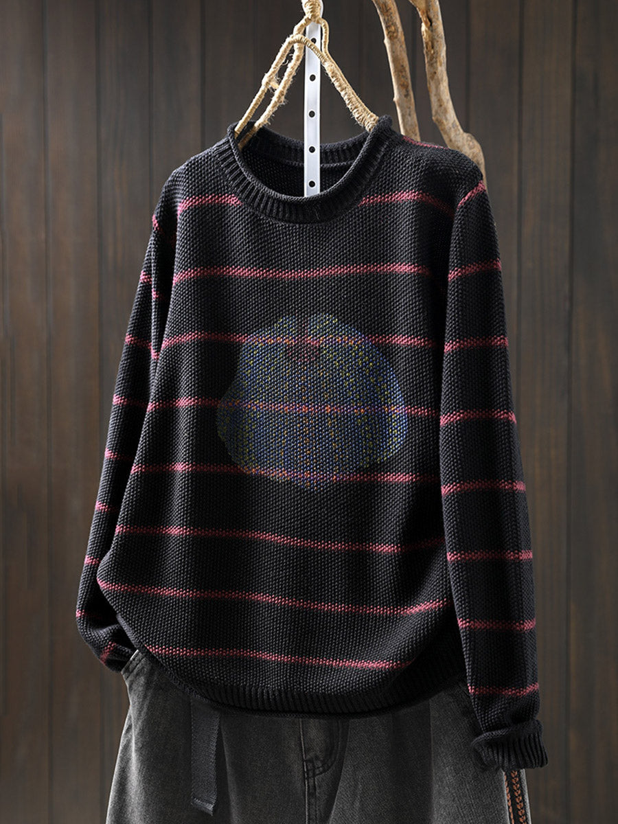 Women Autumn Artsy Stripe Pumpkin O-Neck Knit Sweater