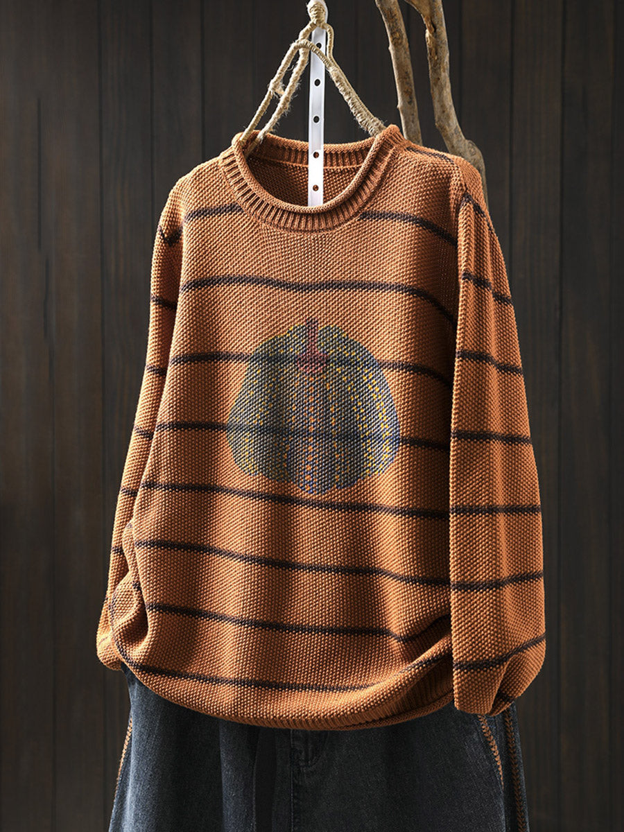 Women Autumn Artsy Stripe Pumpkin O-Neck Knit Sweater