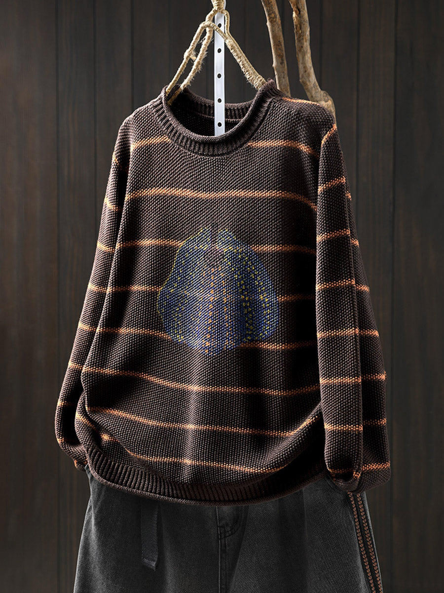 Women Autumn Artsy Stripe Pumpkin O-Neck Knit Sweater