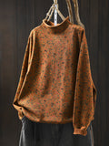 Women Autumn Artsy Floral Half-Turtleneck Knit Sweater