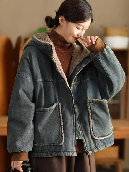 Women Winter Casual Solid Denim Fleece-lined Hooded Padded Coat