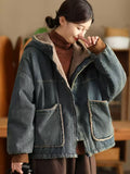 Women Winter Casual Solid Denim Fleece-lined Hooded Padded Coat