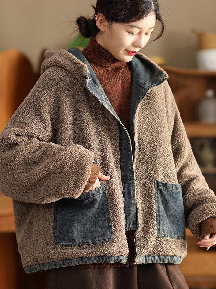 Women Winter Casual Solid Denim Fleece-lined Hooded Padded Coat