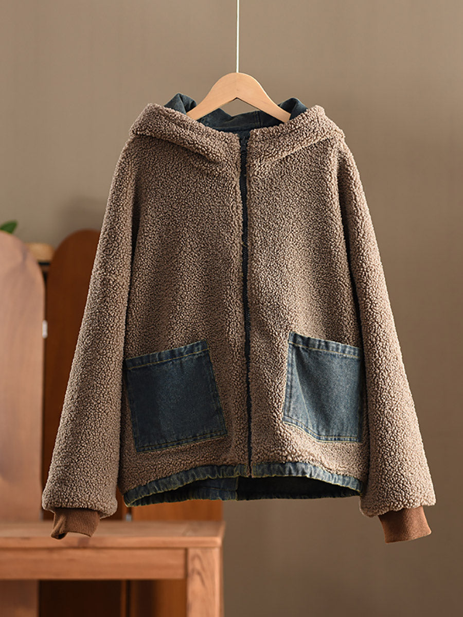 Women Winter Casual Solid Denim Fleece-lined Hooded Padded Coat