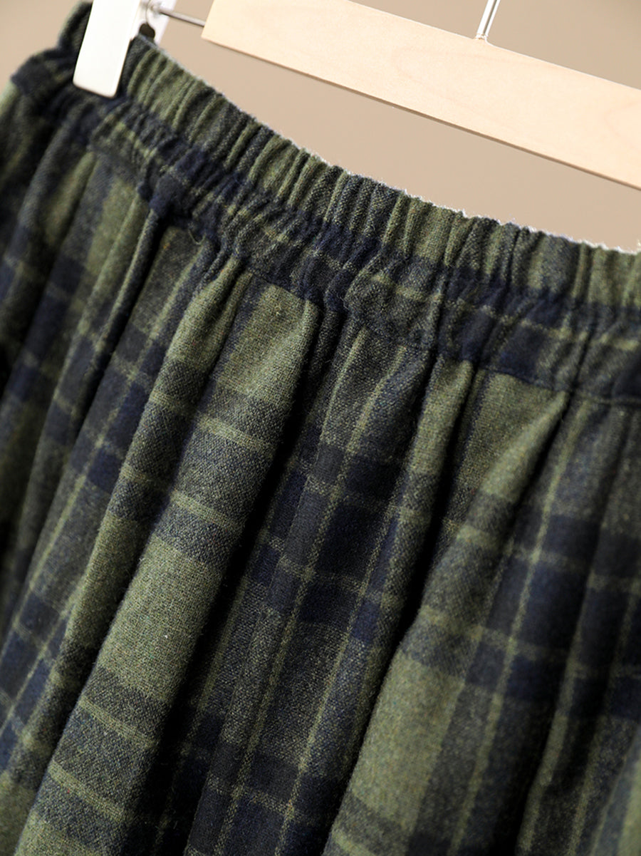 Women Autumn Vintage Plaid Wool A-Shape Skirt