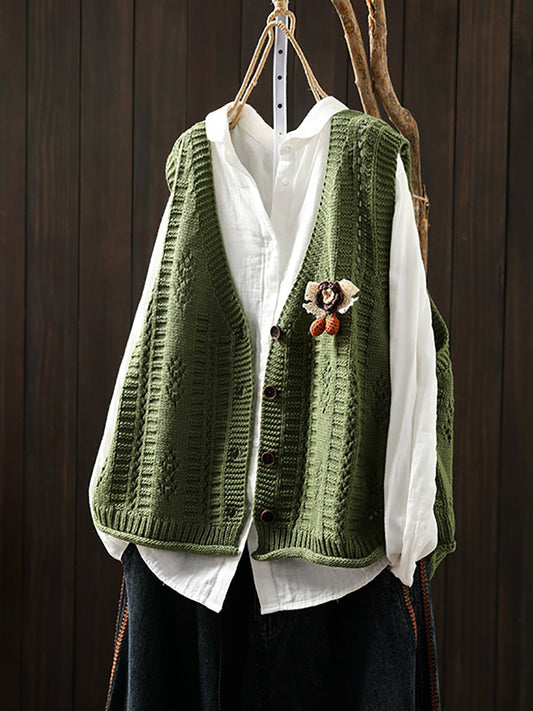 Women Casual Autumn Cotton V-Neck Cable Knit Vest