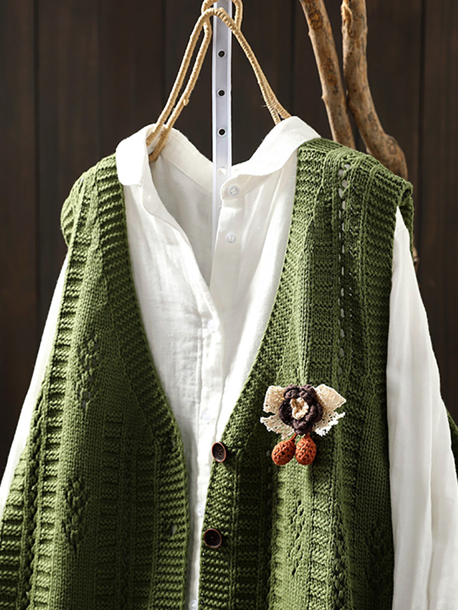 Women Casual Autumn Cotton V-Neck Cable Knit Vest