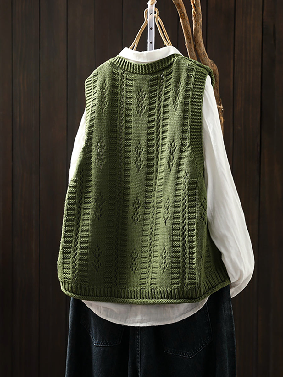 Women Casual Autumn Cotton V-Neck Cable Knit Vest