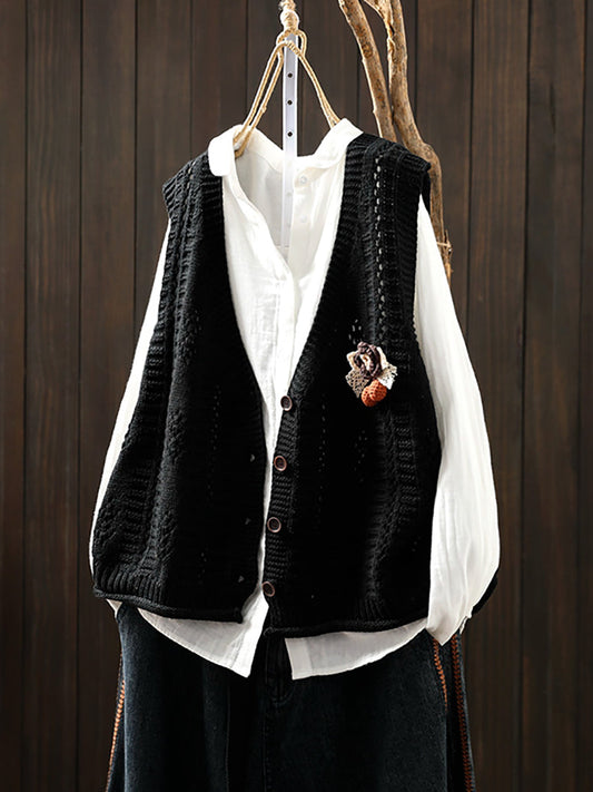 Women Casual Autumn Cotton V-Neck Cable Knit Vest