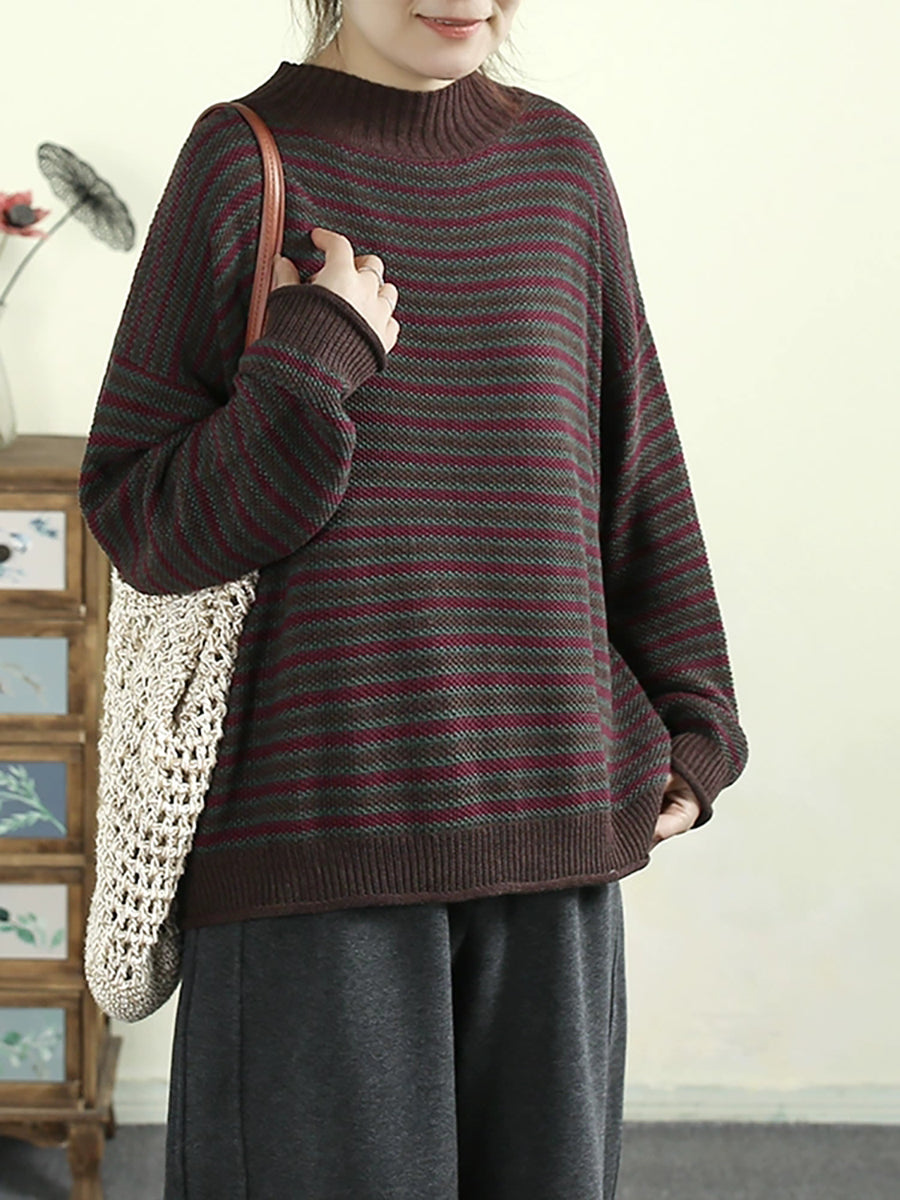 Women Autumn Artsy Stripe Half-Turtleneck Cotton Sweater